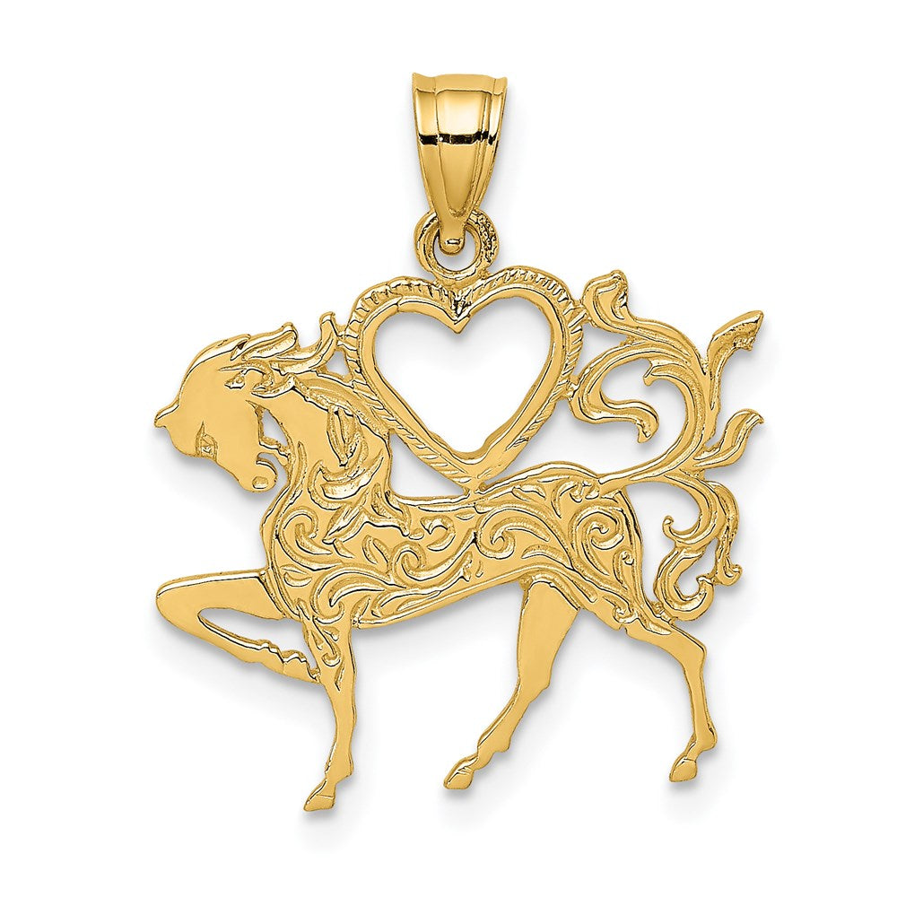 14K Textured Heart and Horse Charm