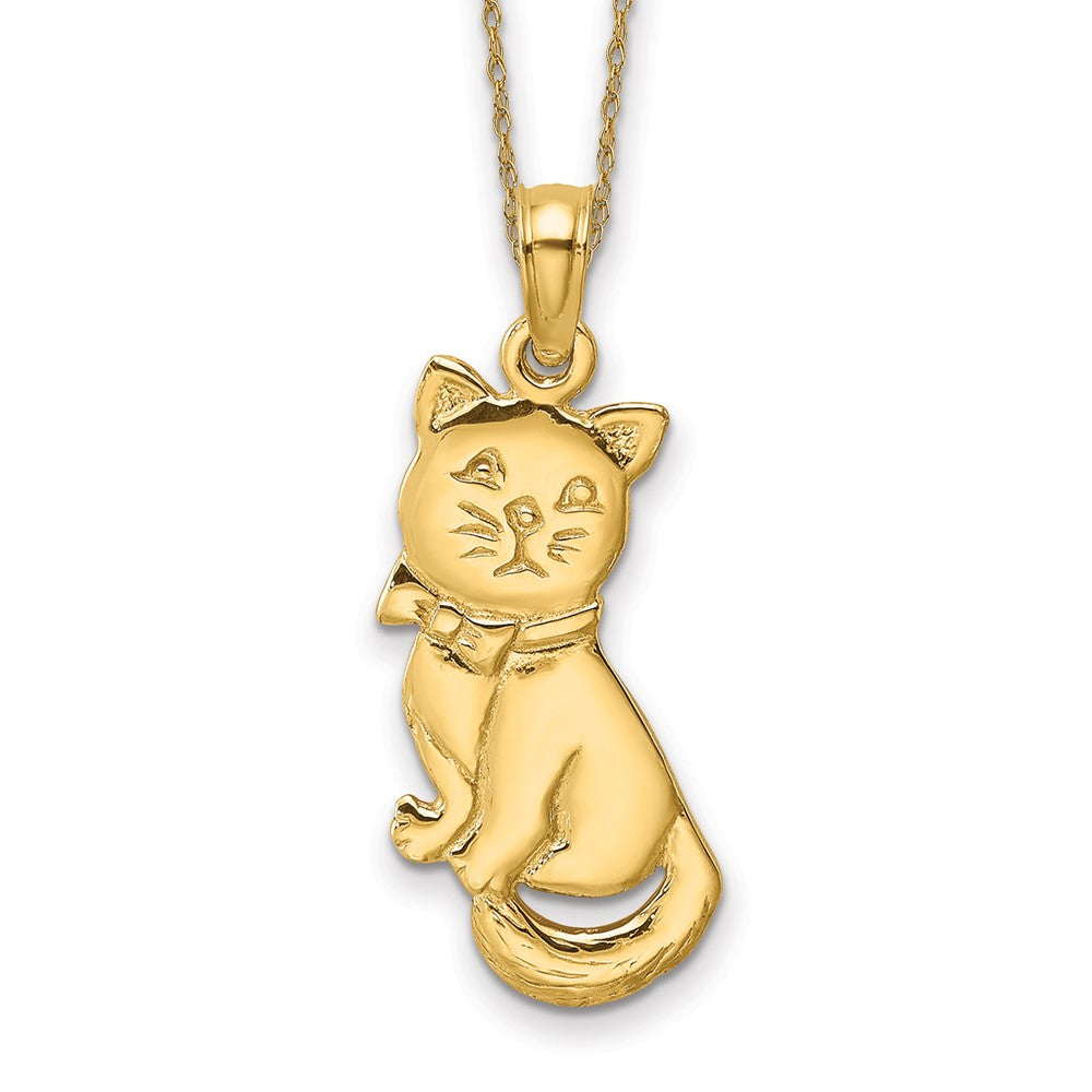 14k 3-D Polished and Bow Sitting Cat Necklace