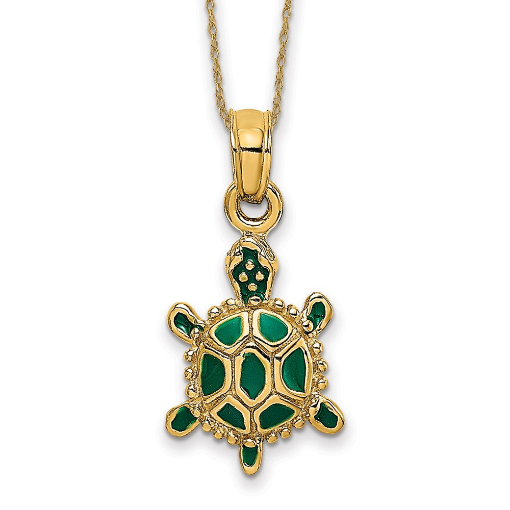 14k Green Enamel 3-D Land Turtle Necklace