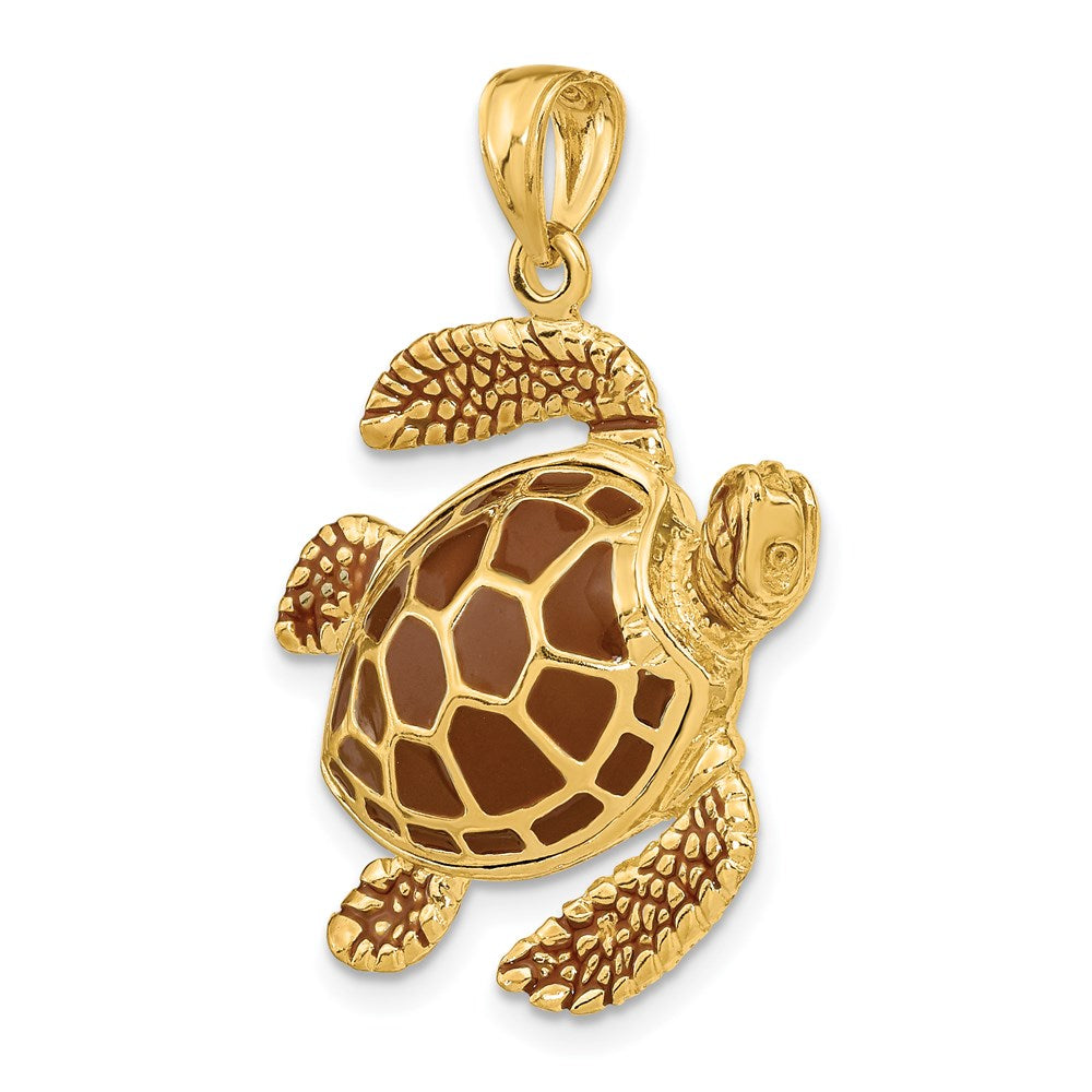 14k 3-D Brown Enamel Large Sea Turtle Necklace