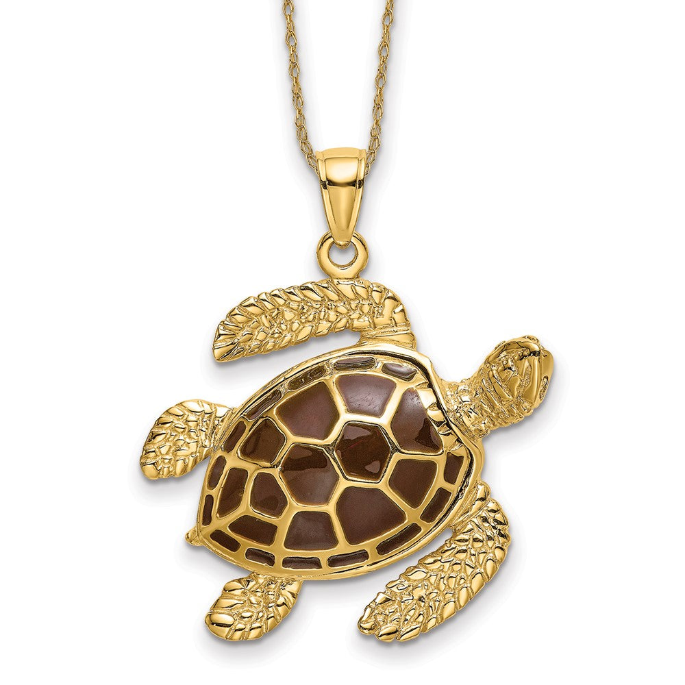 14k 3-D Brown Enamel Large Sea Turtle Necklace