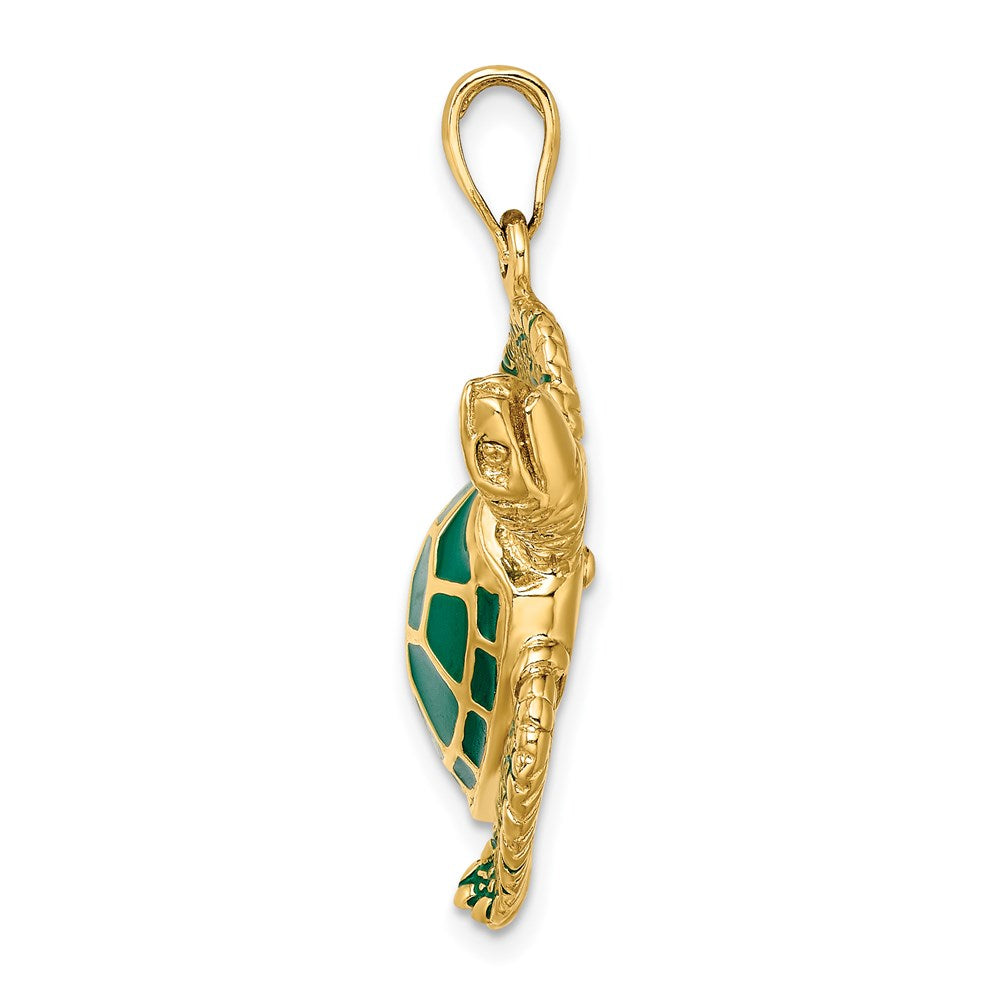 14k 3-D Green Enamel Large Sea Turtle Necklace