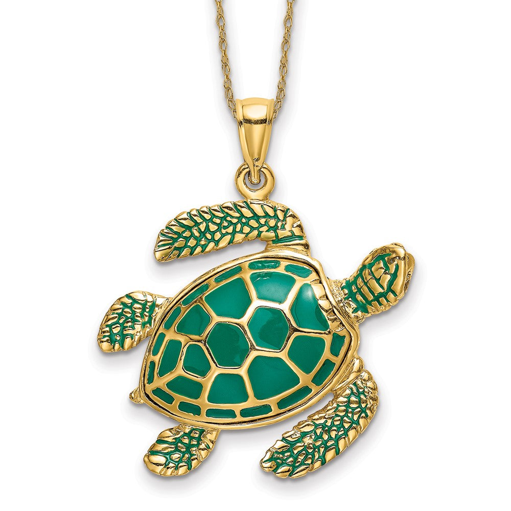 14k 3-D Green Enamel Large Sea Turtle Necklace