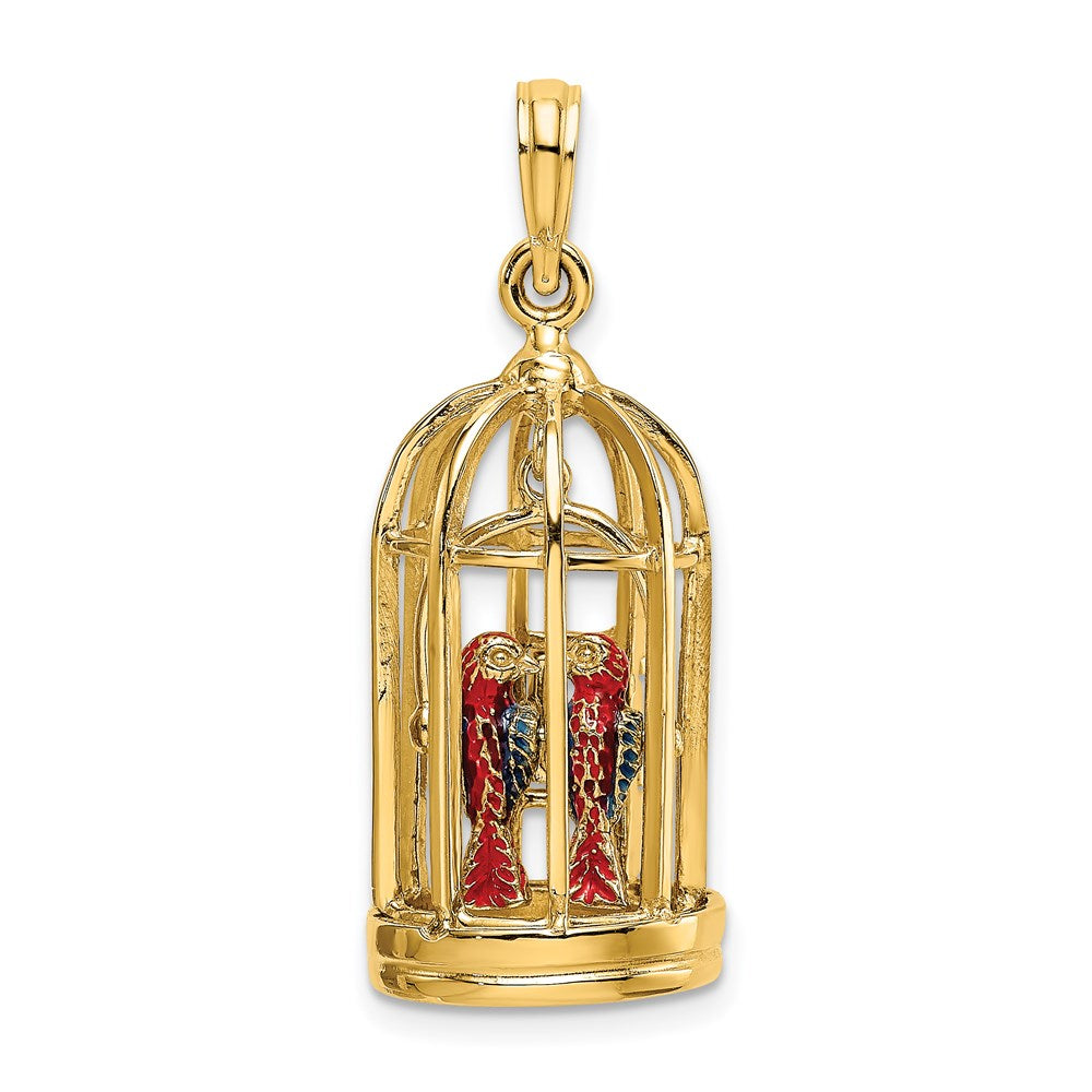 14K 3-D Bird Cage with 2 Enameled Birds and Opening Doors Charm