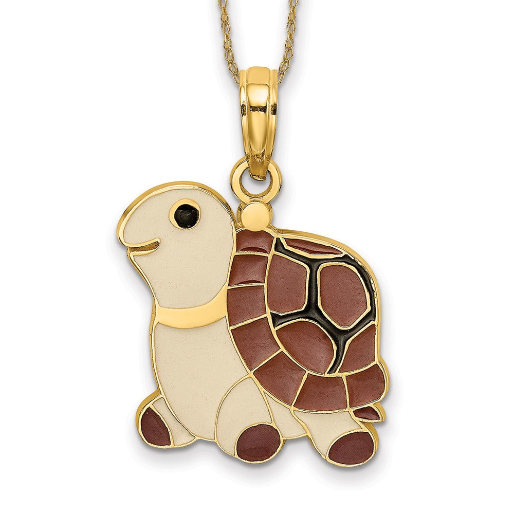 14K Brown, Tan and Black Enamel Turtle Charm Necklace