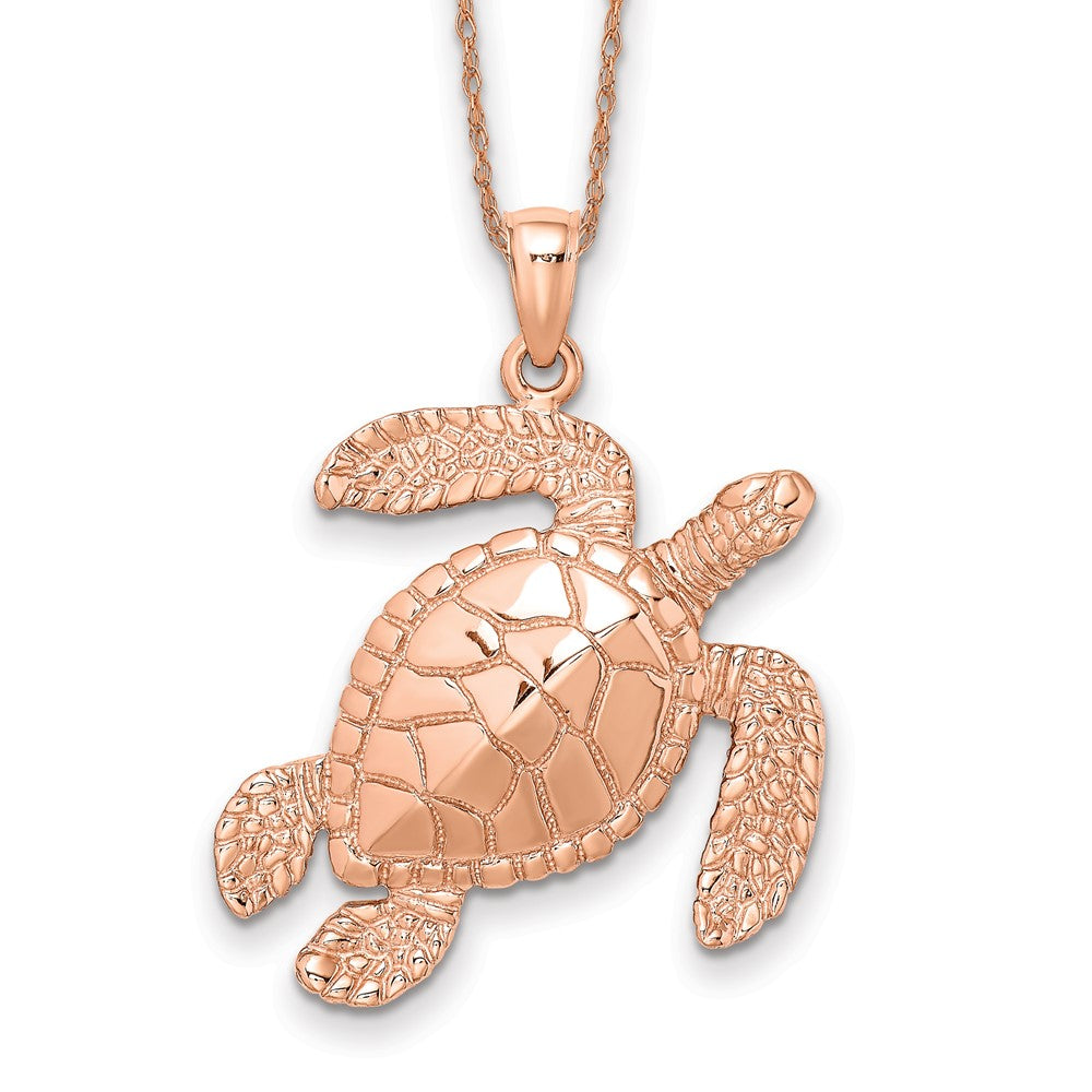 14k Rose Gold Large Textured Swimming Sea Turtle Necklace