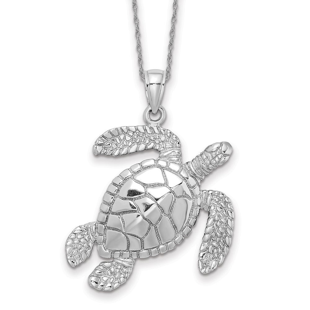 14k White Gold Large Textured Swimming Sea Turtle Necklace