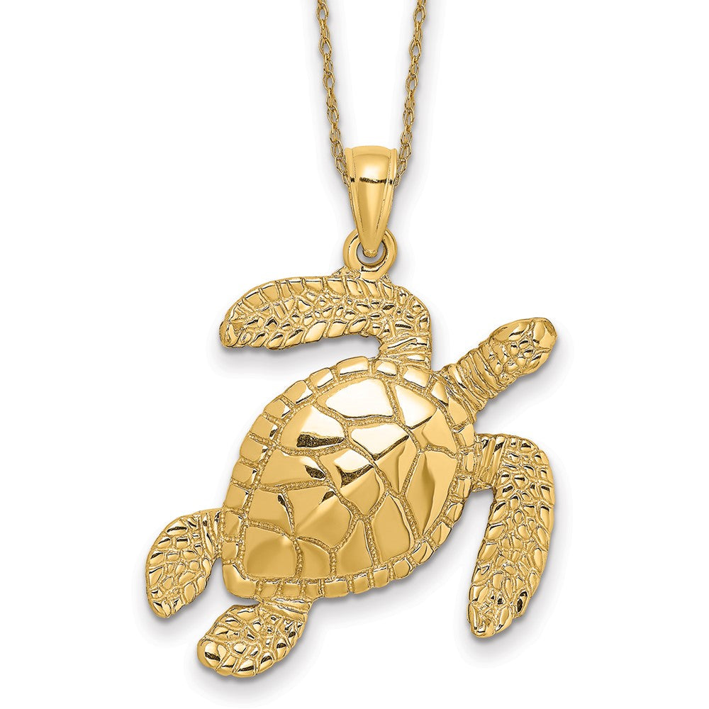 14k Large Textured Swimming Sea Turtle Necklace