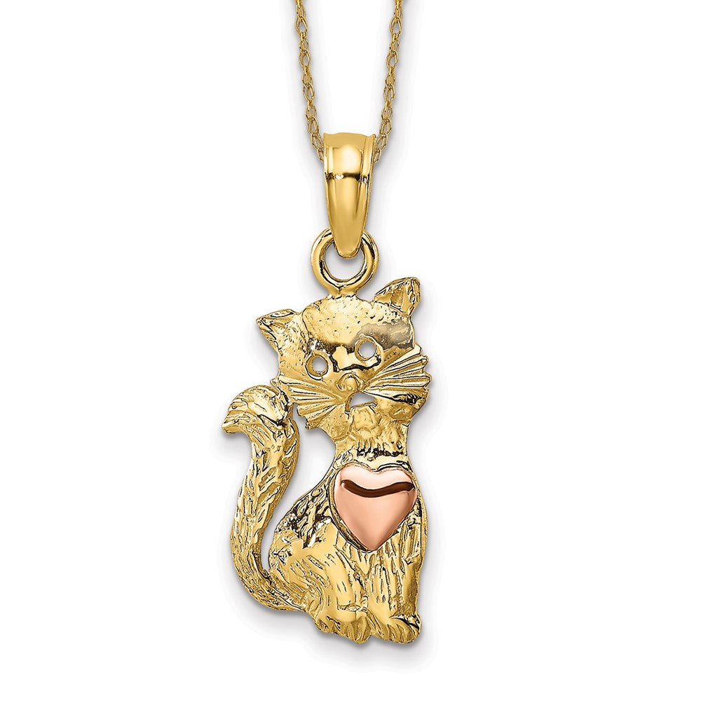 14k Two-tone Cat with Heart Necklace