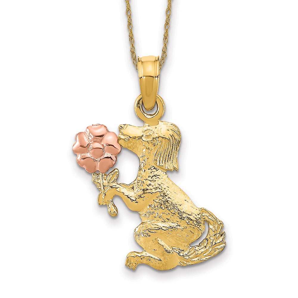 14k Two-tone Dog Holding Flower Necklace