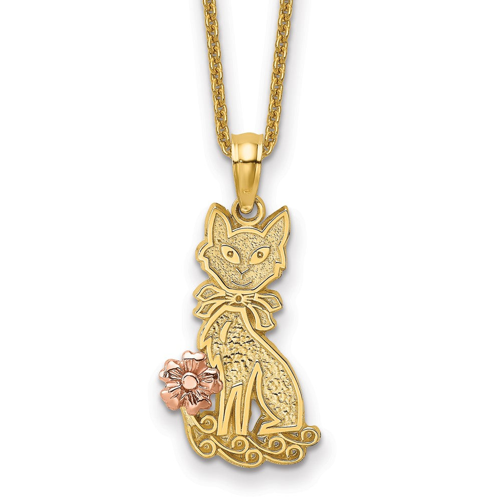 14k Two-Tone Sitting Cat w/ Bow and Flower Charm Necklace