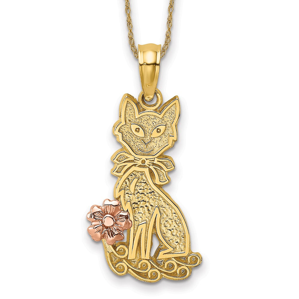 14k Two-tone Sitting Cat with Bow and Flower Necklace