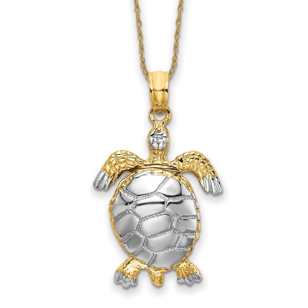 14k Rhodium Polished 3-D Moveable Sea Turtle Necklace