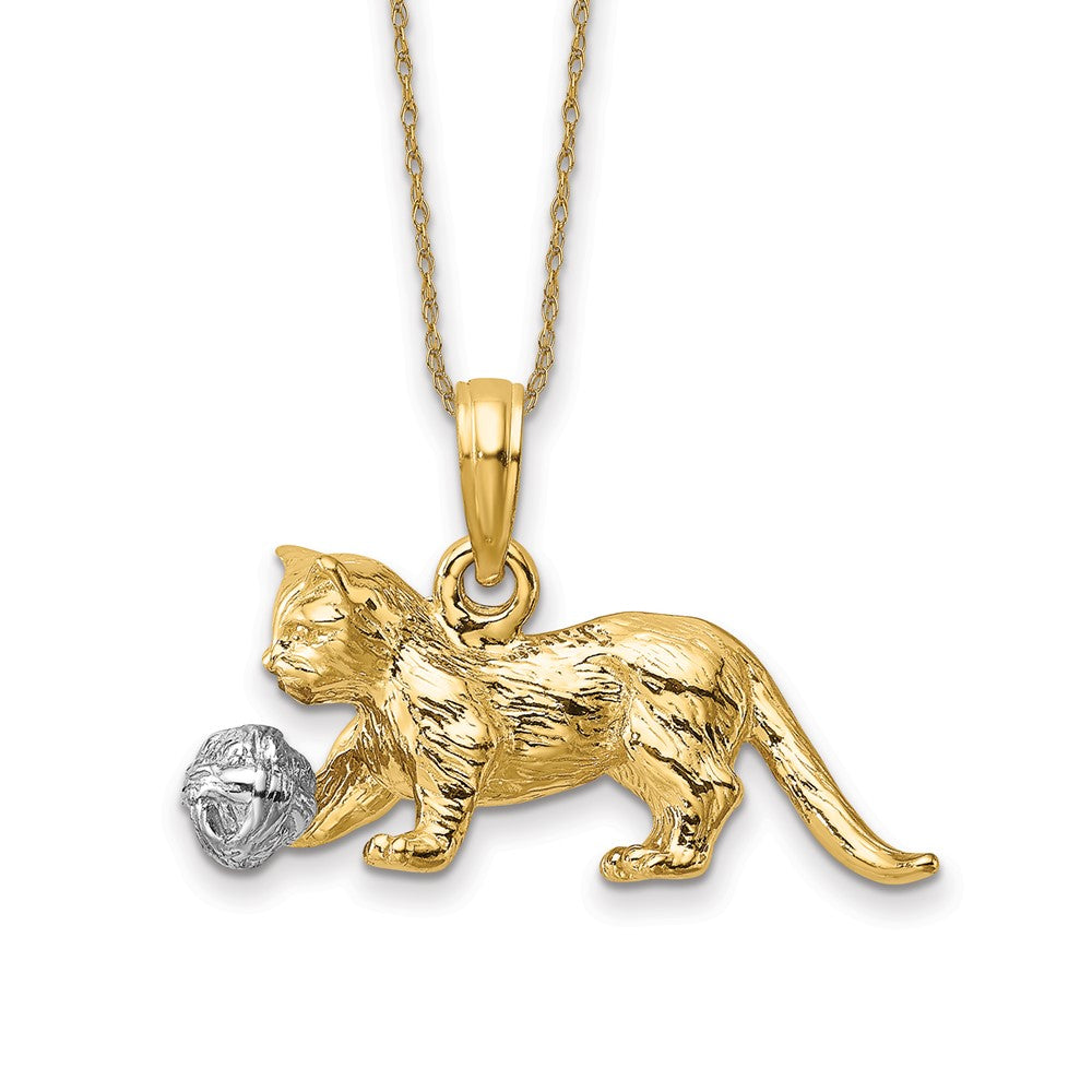 14k Rhodium 3-D Cat Playing with Moveable Ball Necklace