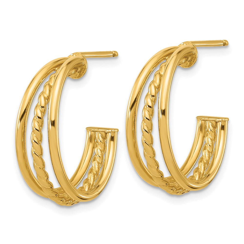 14K Polished and Textured 3-Row Round J-Hoop Post Earrings