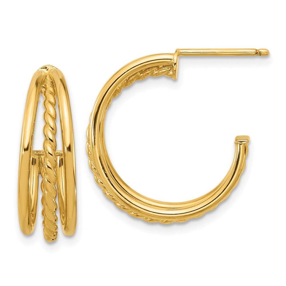 14K Polished and Textured 3-Row Round J-Hoop Post Earrings