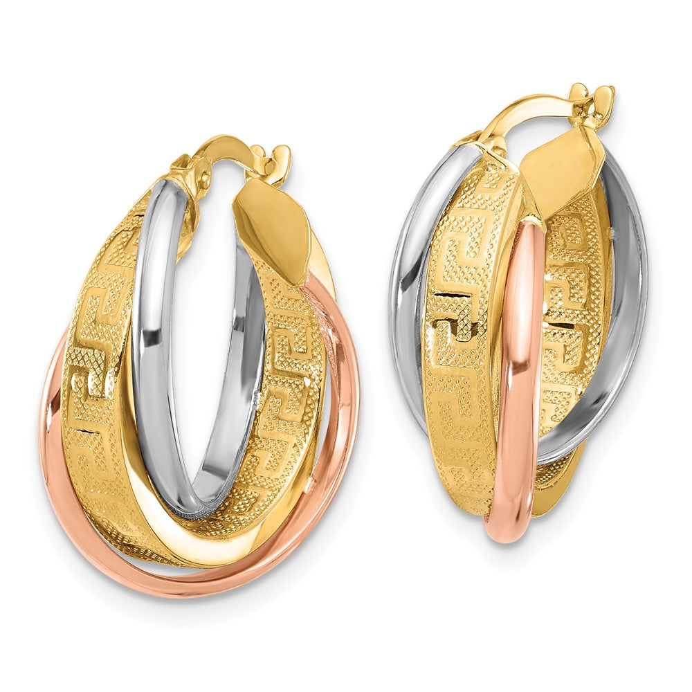 14K Tri-Color Polished with Textured Greek Key Hoop Earrings