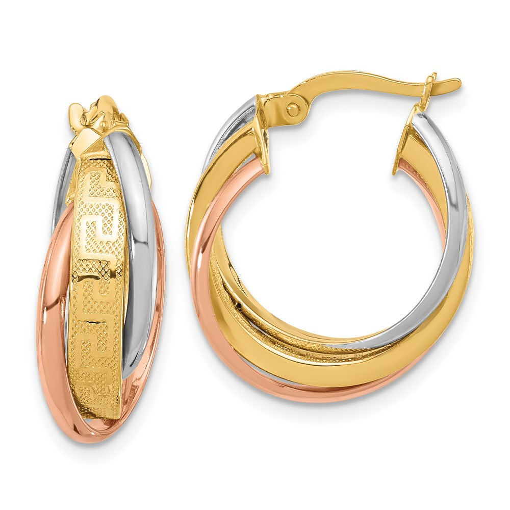 14K Tri-Color Polished with Textured Greek Key Hoop Earrings