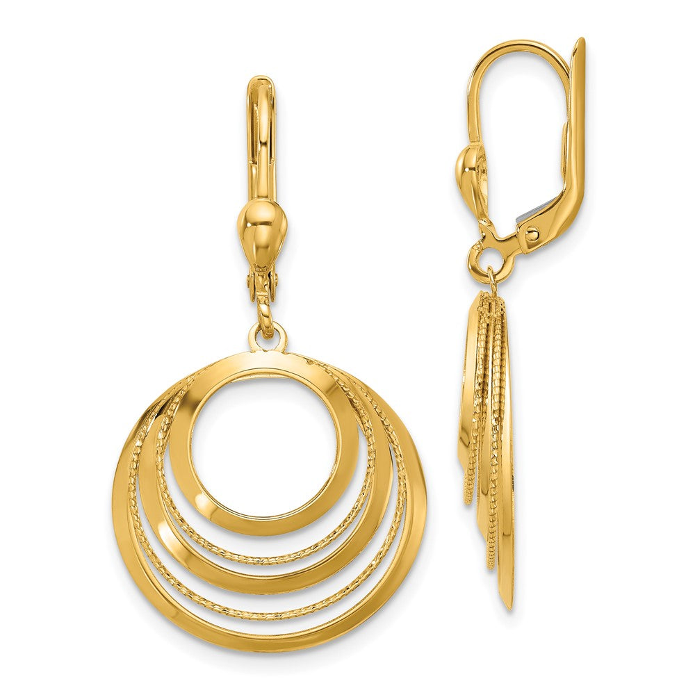 14K Polished and Diamond-cut Circles Dangle Leverback Earrings