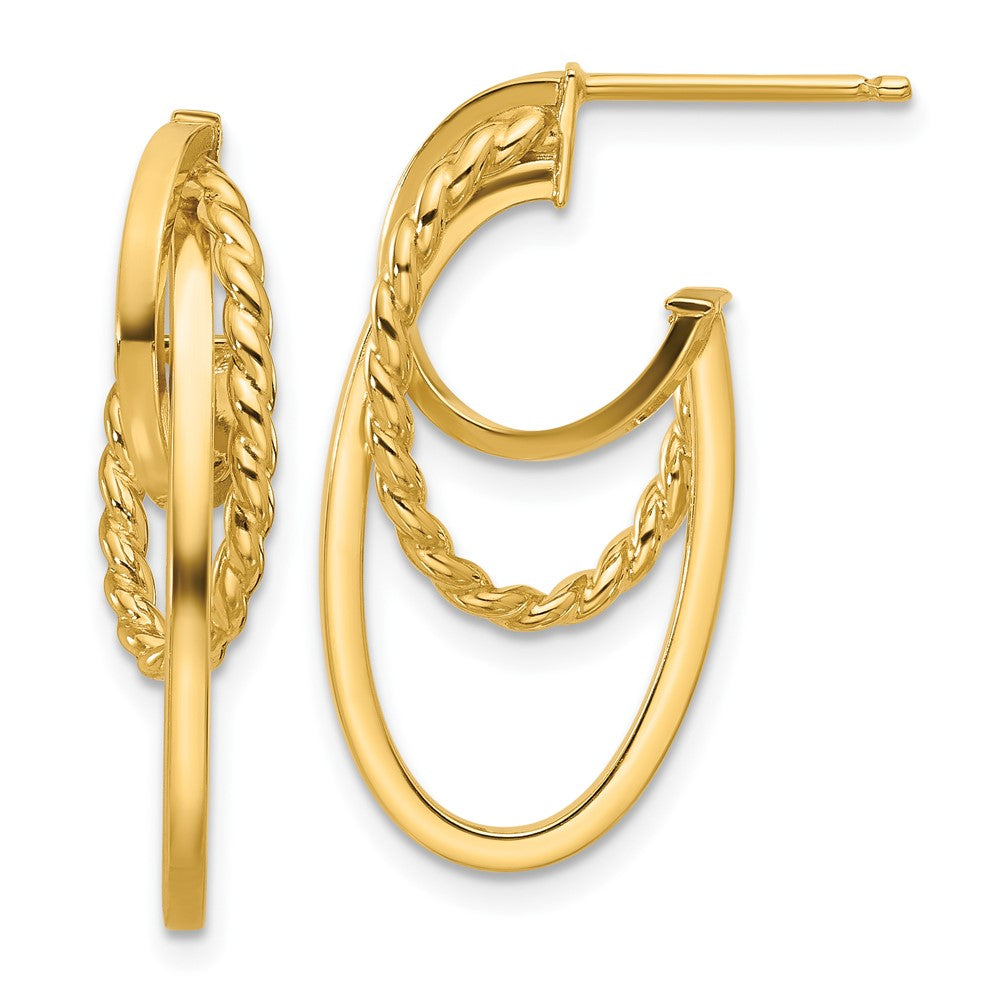 14K Polished and Twisted Oval J-Hoop Post Earrings