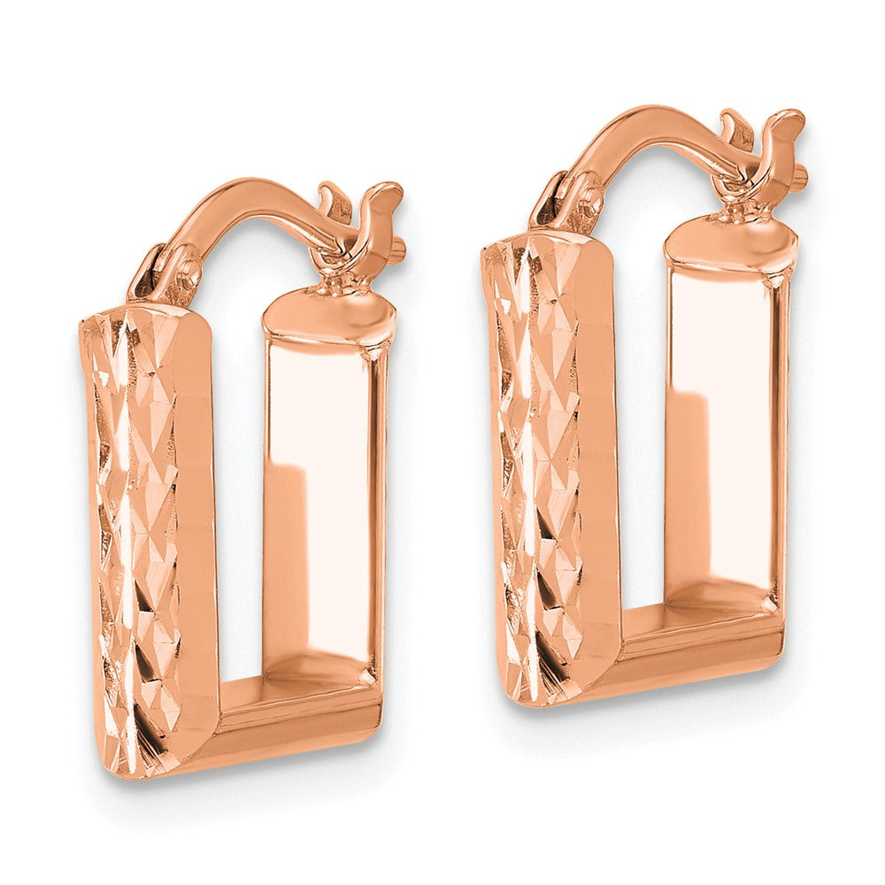 14K w/Rose RH-plat Polished/Dia-cut Square Hoop Earrings