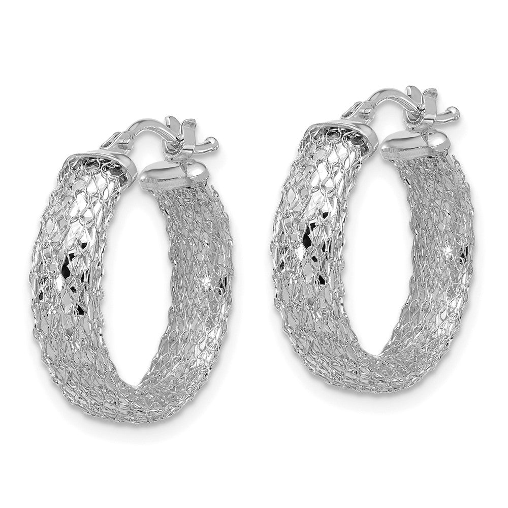 14K w/Wht RH-plating Polish/Texture/Dia-cut Hoop Earrings