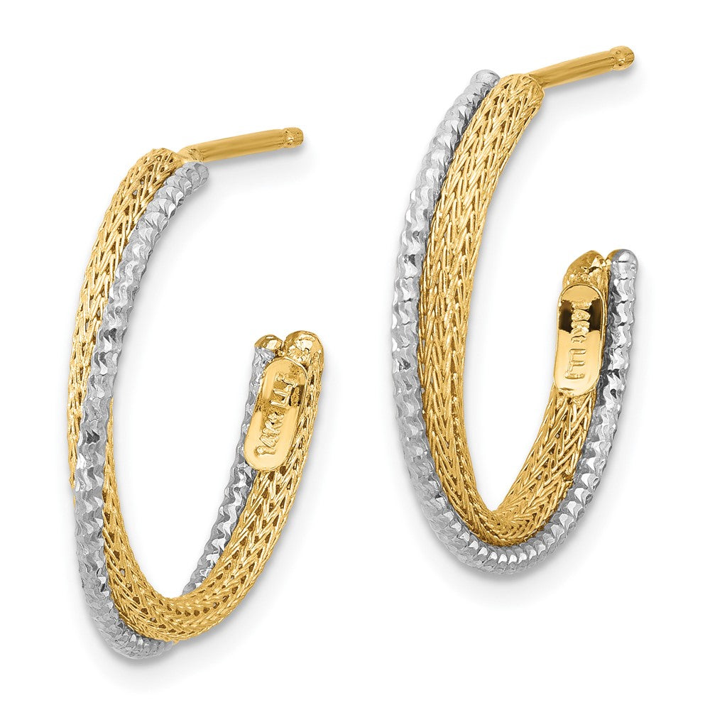 14K w/Rhodium Polished/Textured/Dia-cut J-Hoop Earrings