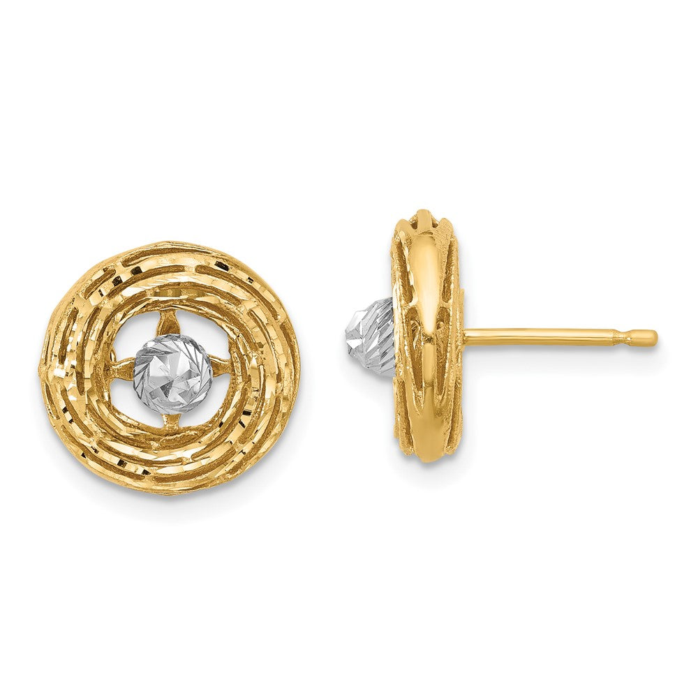 14K Two-tone Polished/Textured/Dia-cut Post Earrings