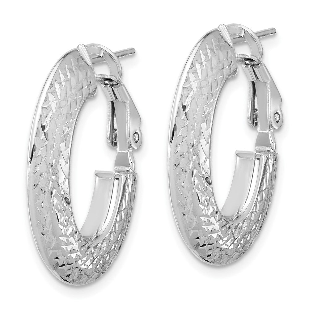 14k with White Rhodium Plating Polished and Diamond-cut Omega Back Hoop Earrings