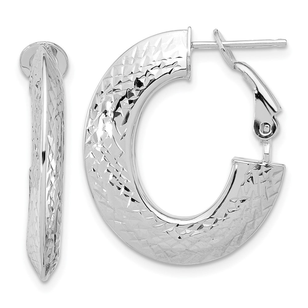 14k with White Rhodium Plating Polished and Diamond-cut Omega Back Hoop Earrings