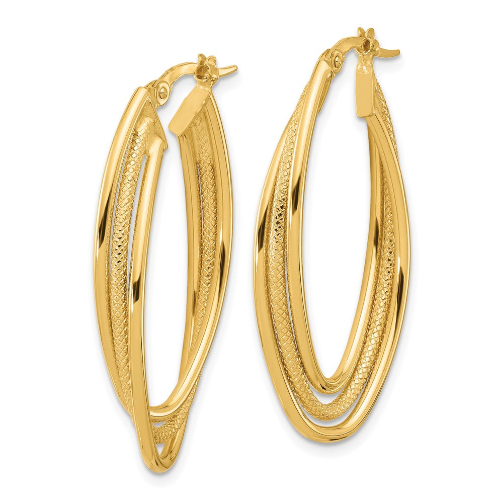 14k Polished and Textured Triple Oval Twist Hoop Earrings