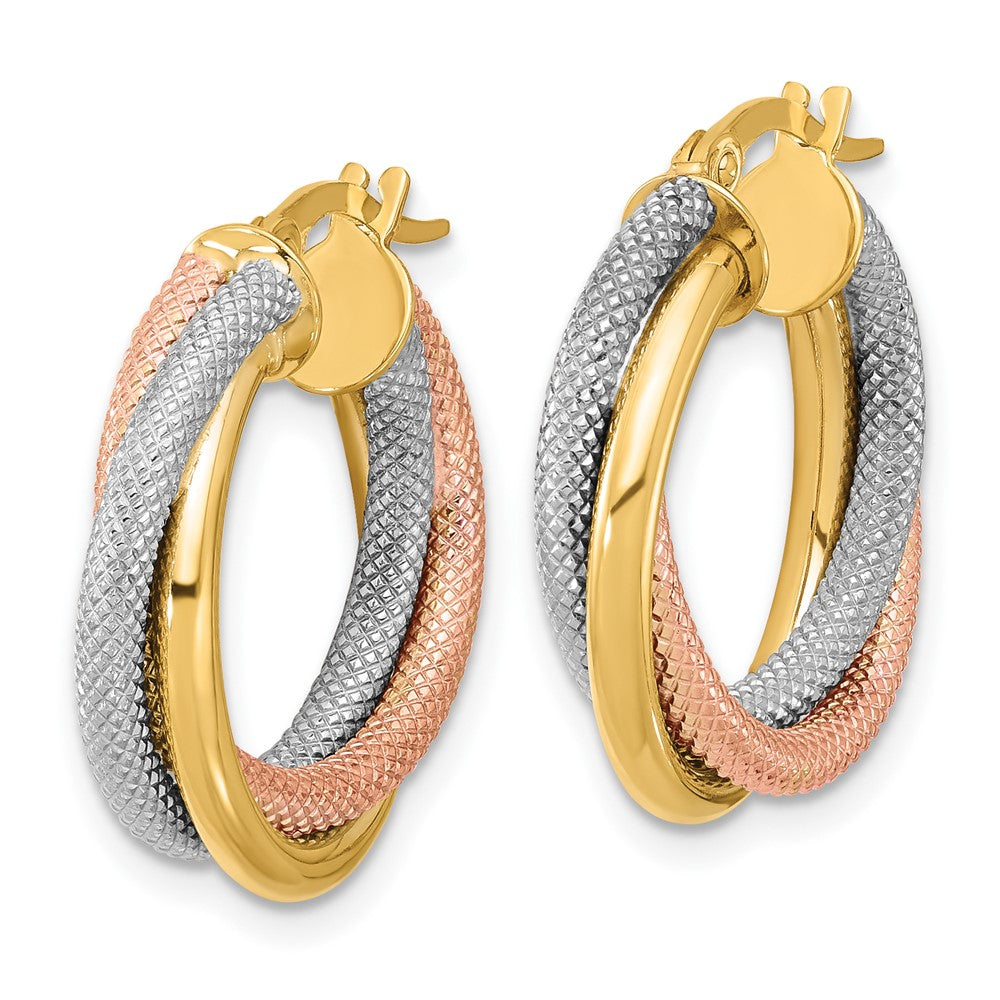 14K with White Rhodium and Rose Gold Plating Twisted Tube Hoop Earrings