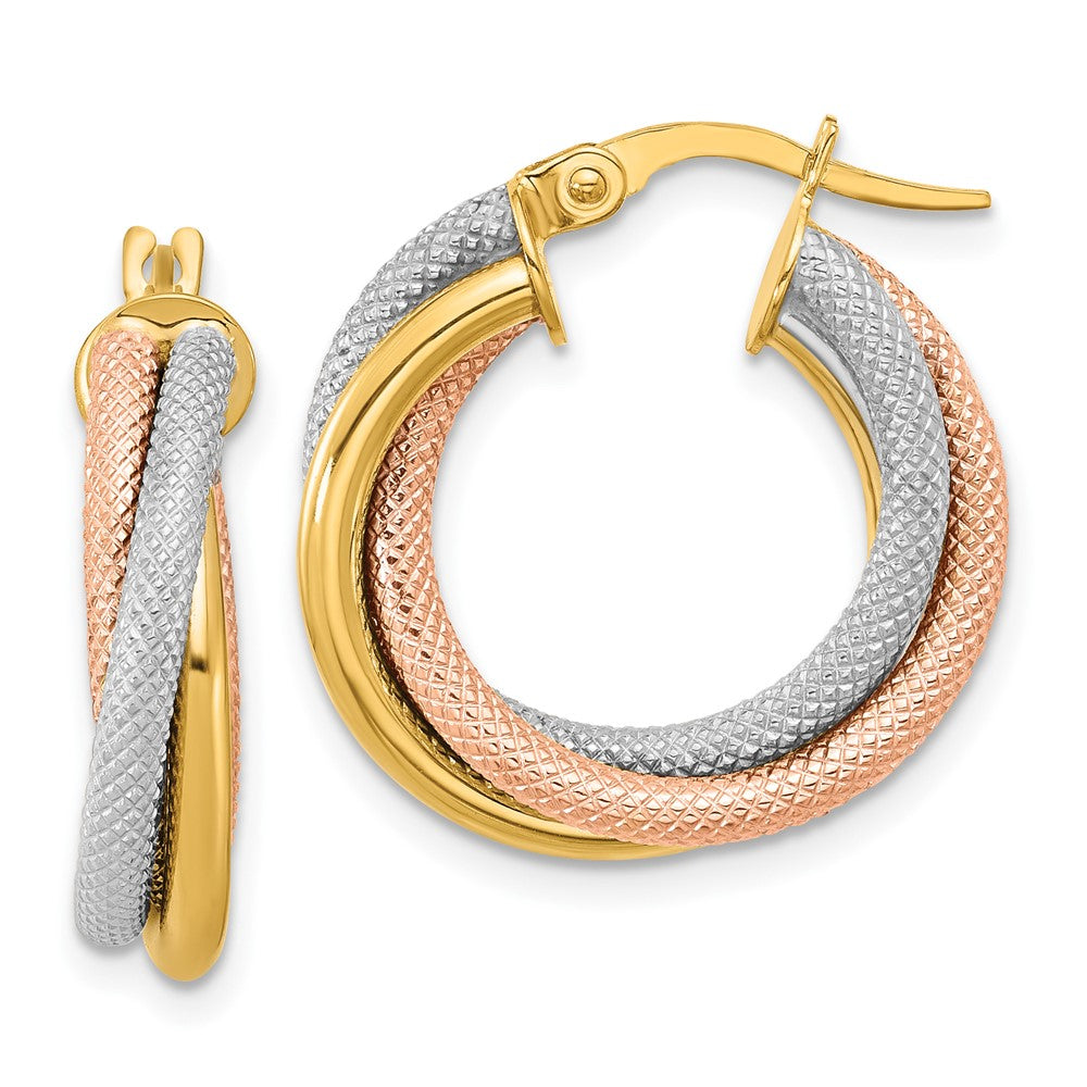 14K with White Rhodium and Rose Gold Plating Twisted Tube Hoop Earrings