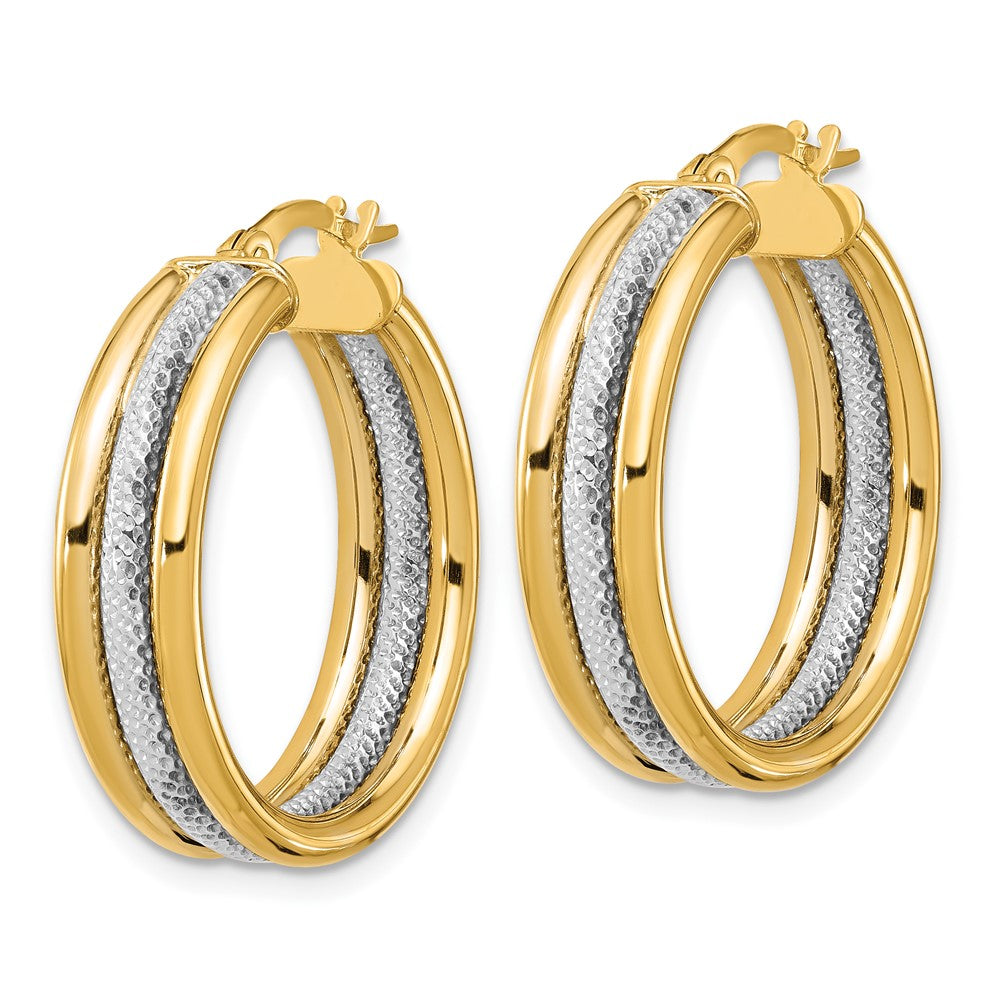 14k w/White Rhodium Polished and Textured Triple Hoop Earrings