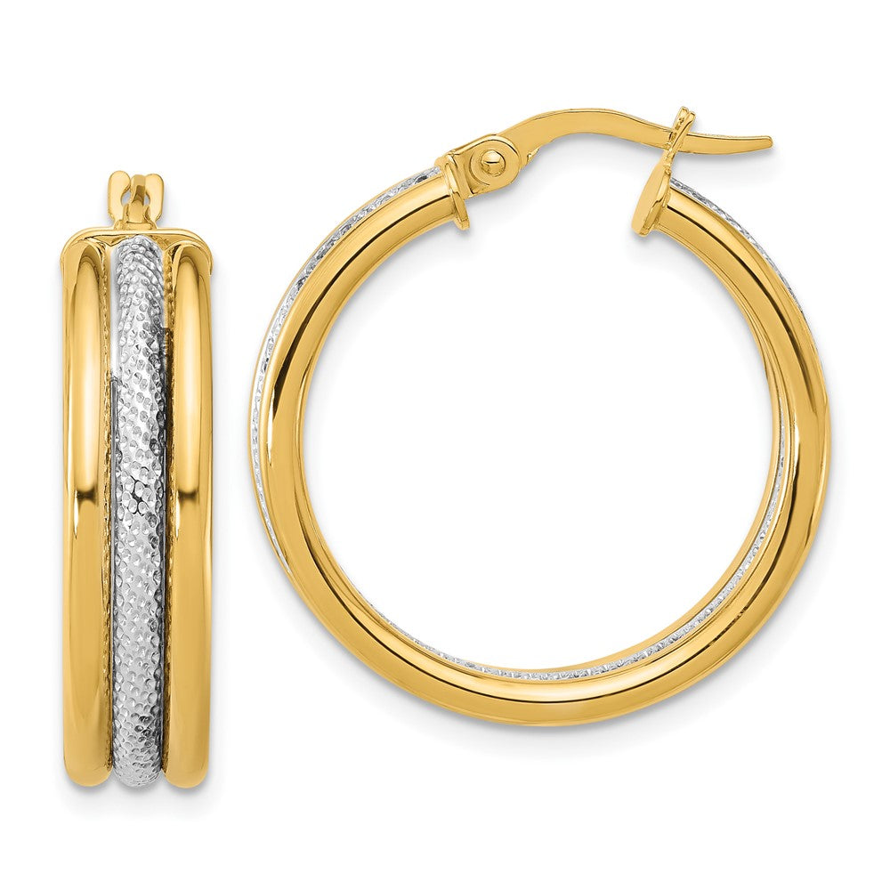 14k w/White Rhodium Polished and Textured Triple Hoop Earrings