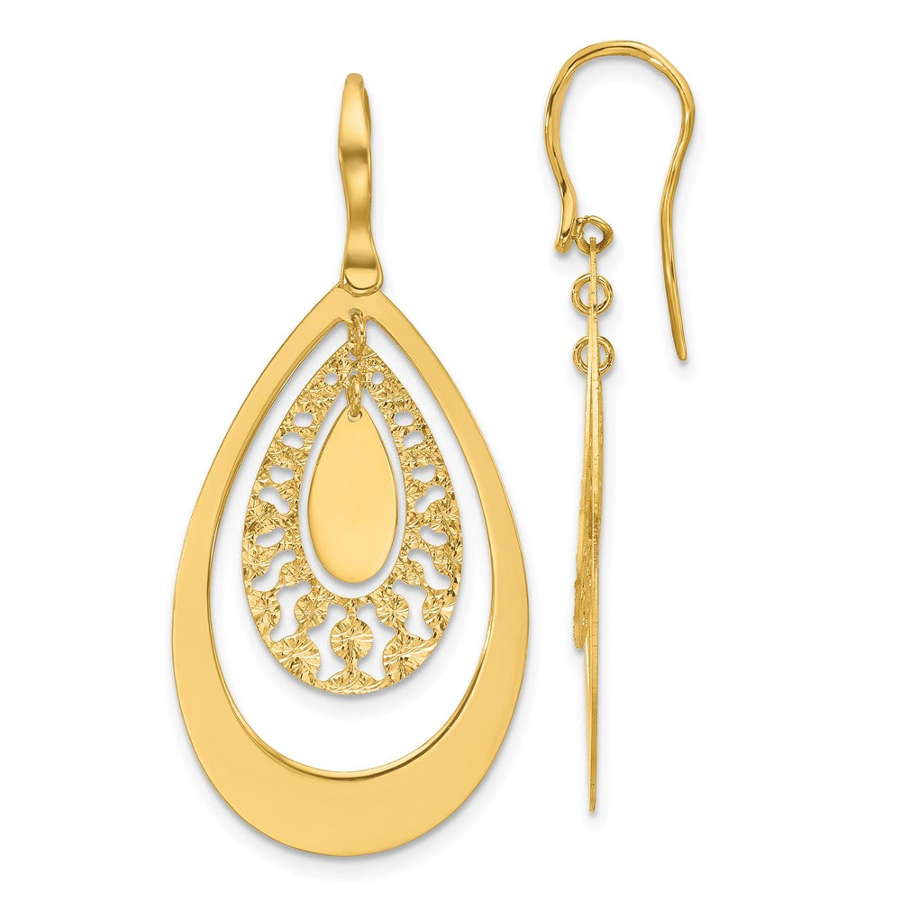 14K Polished and Diamond-cut Teardrop Dangle Earrings