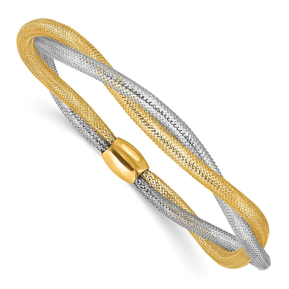 14K with Rhodium Mesh Twist Slip-on Stretch Bracelet