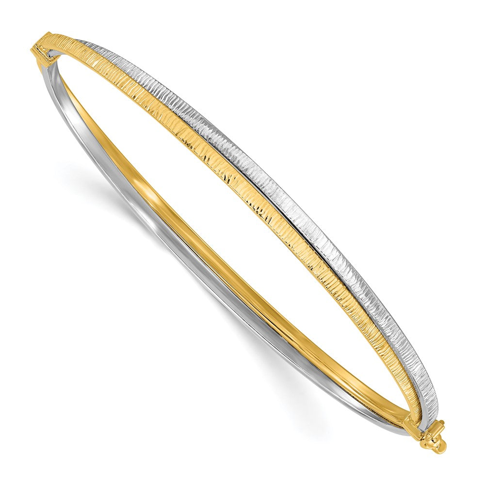 14K Two-tone Polished and Textured Hinged Bangle