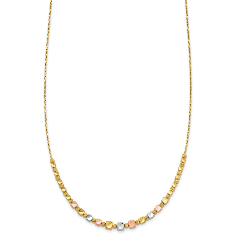 14K Tri-color Polished and Diamond-cut Square Beads with extender Necklace