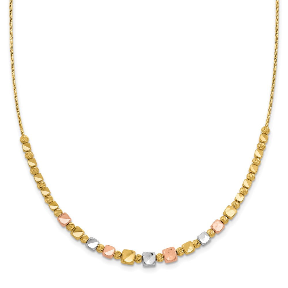 14K Tri-color Polished and Diamond-cut Square Beads with extender Necklace