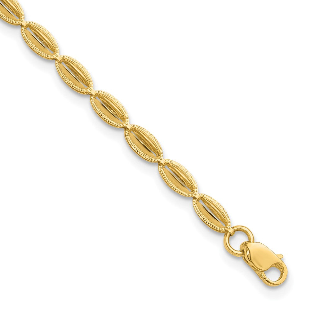 14K Polished and Textured Fancy Oval Link Bracelet