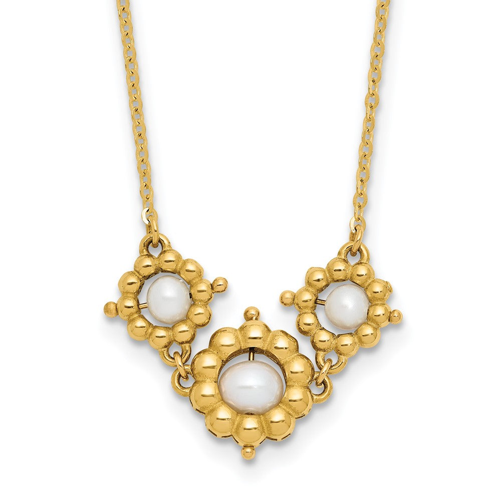 14k Polished Freshwater Cultured Pearl Flower with extender Necklace