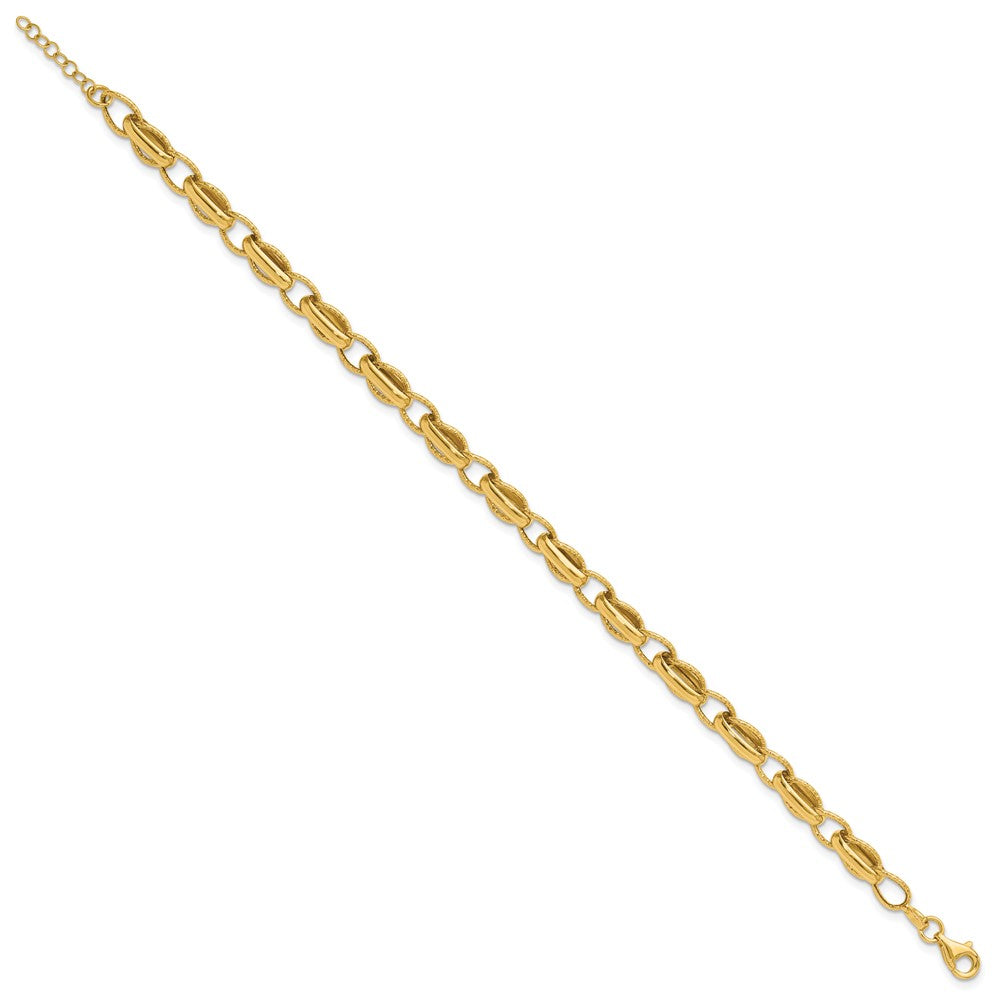 14K Polished and Textured Fancy Link w/.5in ext. Bracelet