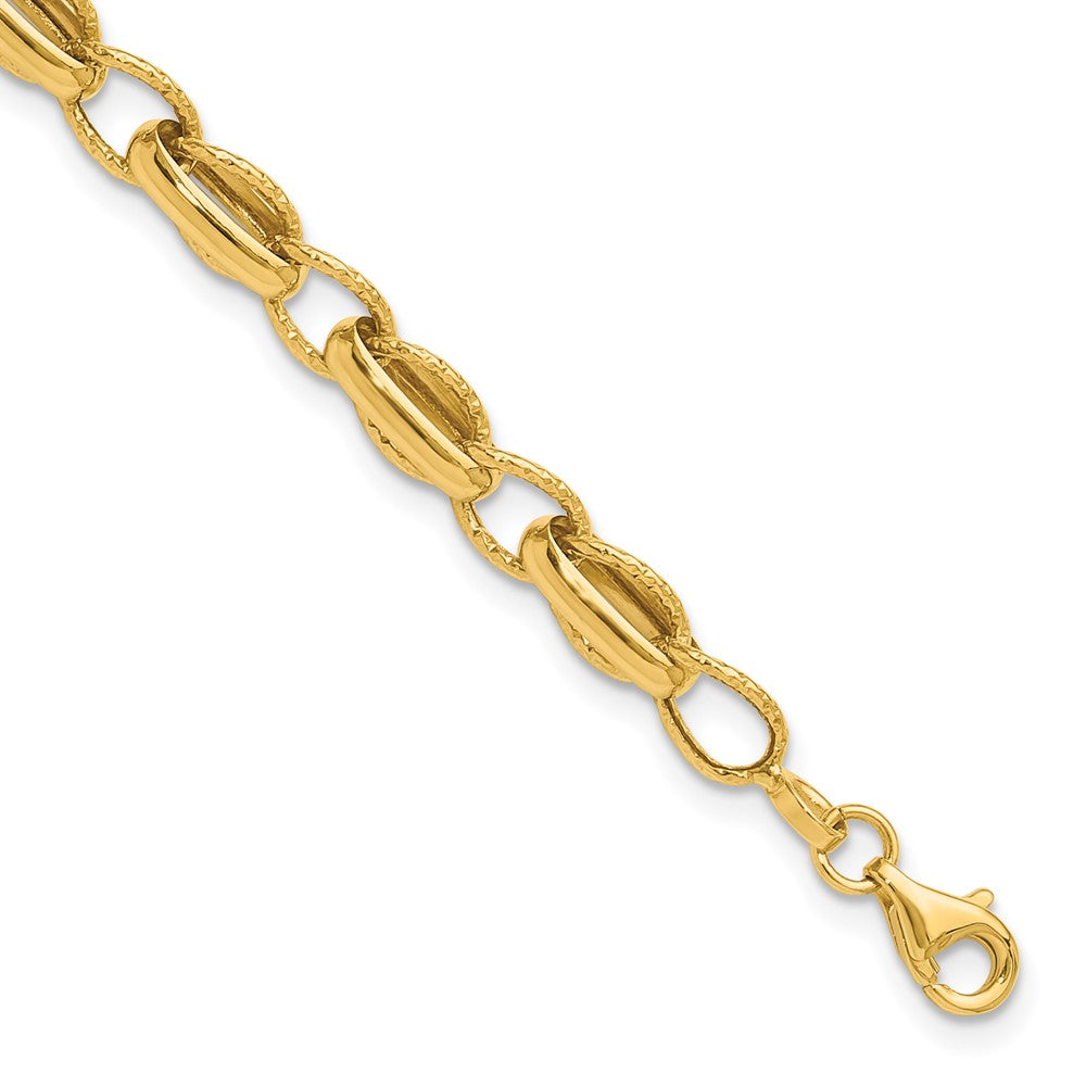 14K Polished and Textured Fancy Link w/.5in ext. Bracelet