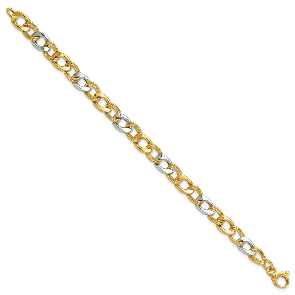 14K Two-tone Polished and Textured Fancy Link Bracelet