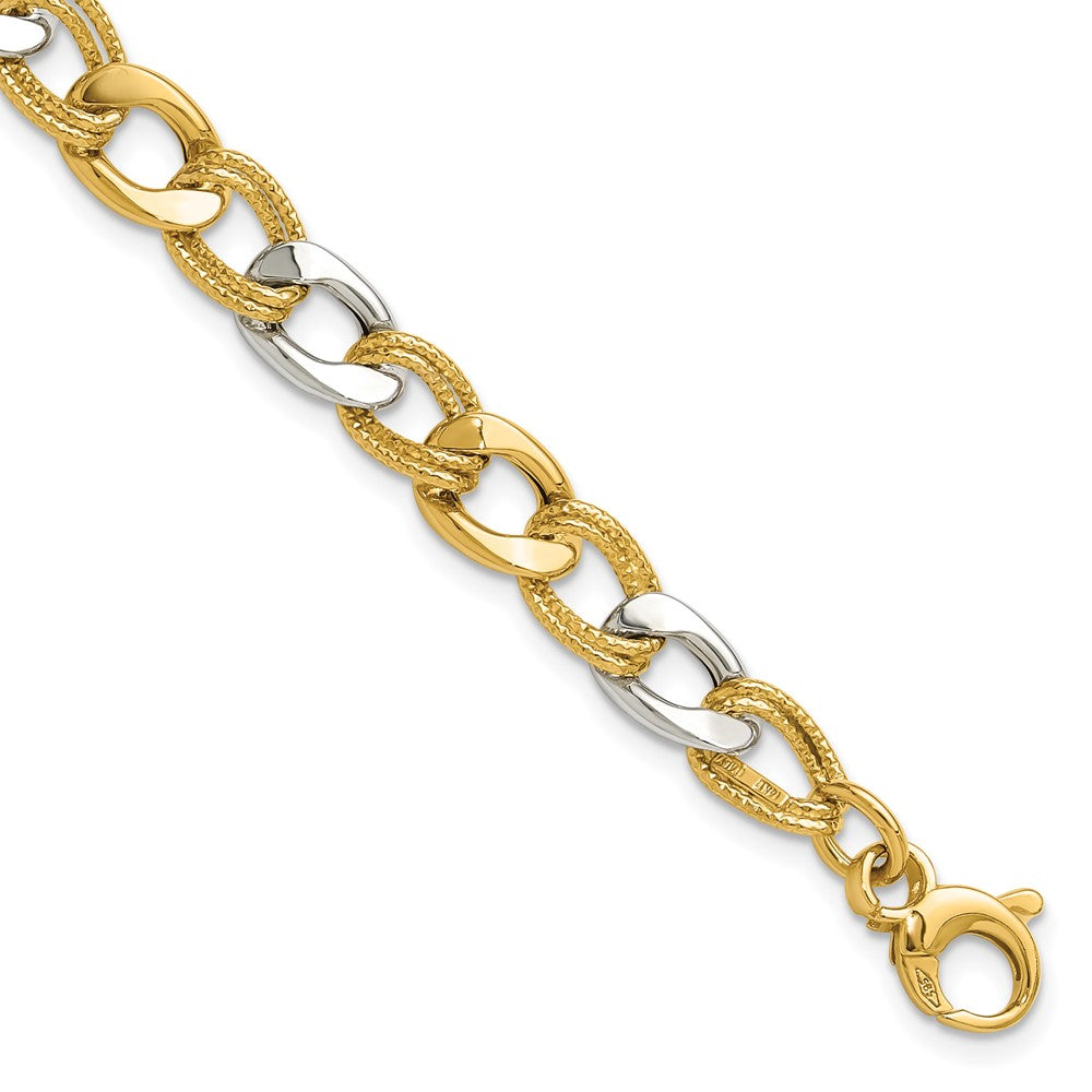 14K Two-tone Polished and Textured Fancy Link Bracelet