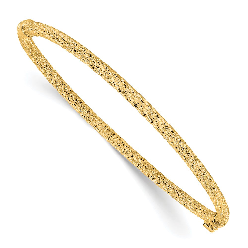 14K Polished/Textured and Diamond-cut Twisted Hinged Bangle