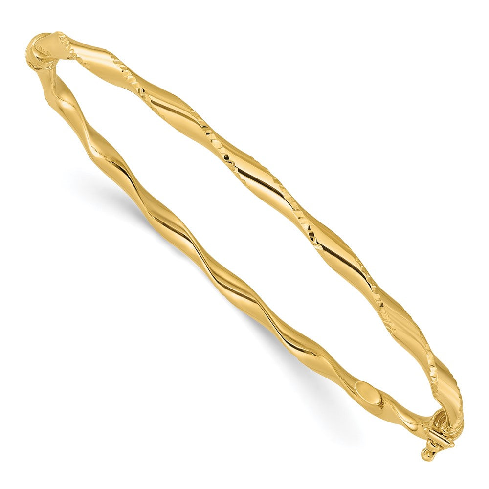 14K Polished and Diamond-cut Twisted Hinged Bangle