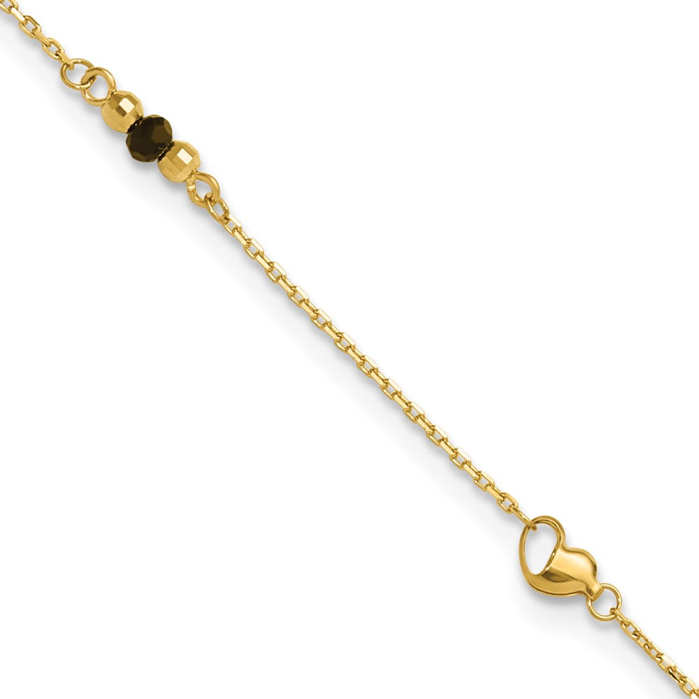 14K Polished/Dia-cut Heart Cr. Onyx Beads Plus ext. Anklet