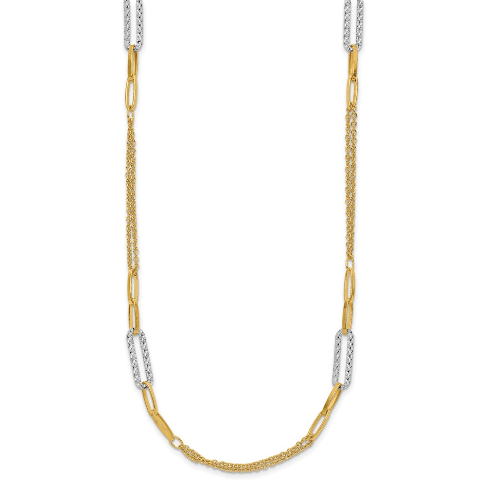 14K Two-tone Polished and Textured Fancy Oval Link Stations Necklace